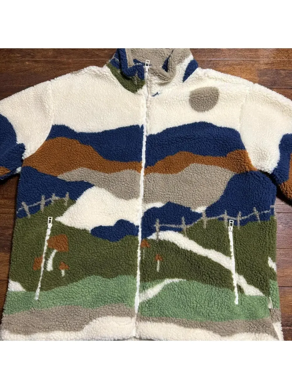 Urban Outfitters Mens Sherpa Jacket XL Multicolor Landscape Sweater Gorpcore Y2K